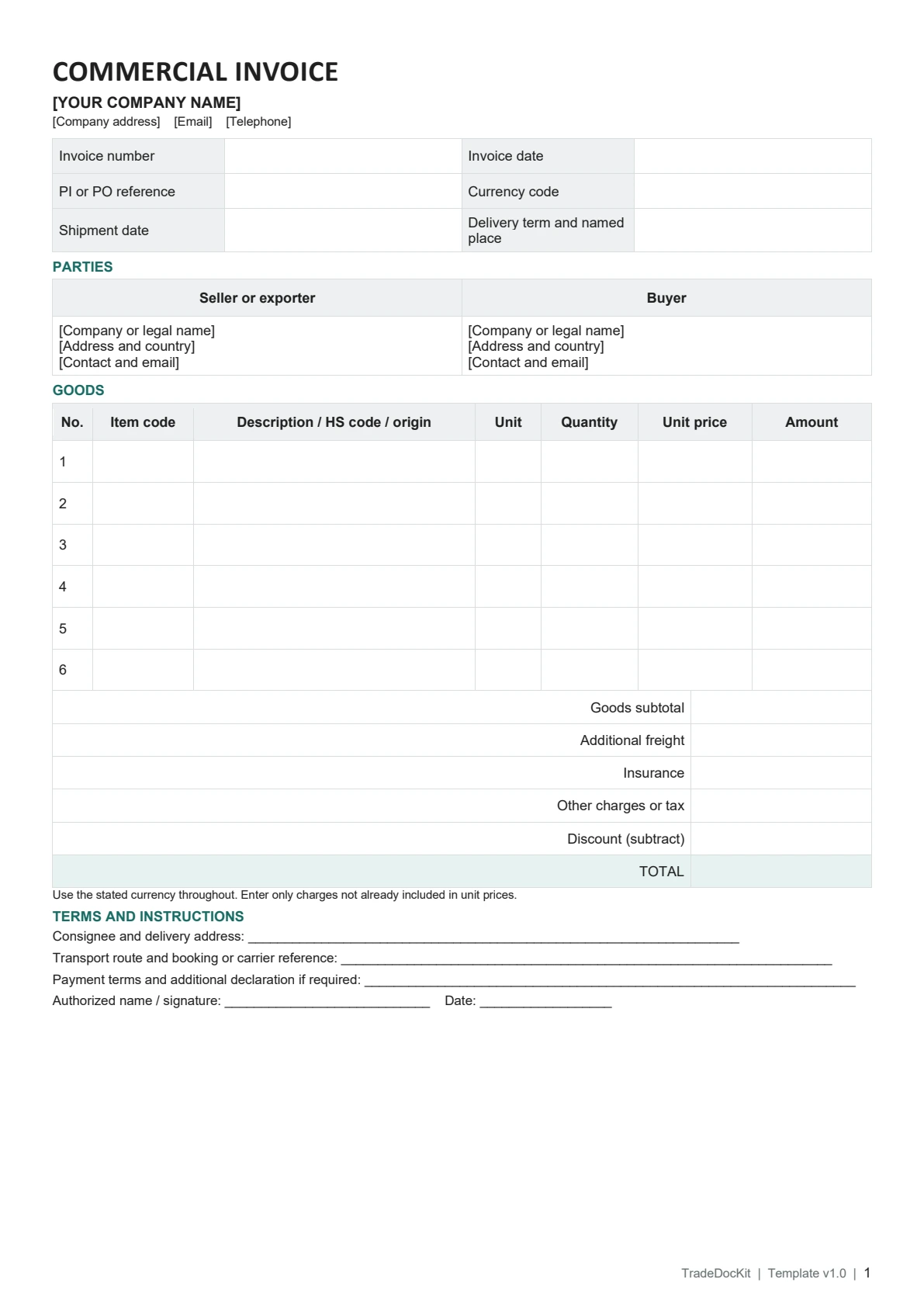 Commercial Invoice blank Word template, page 1