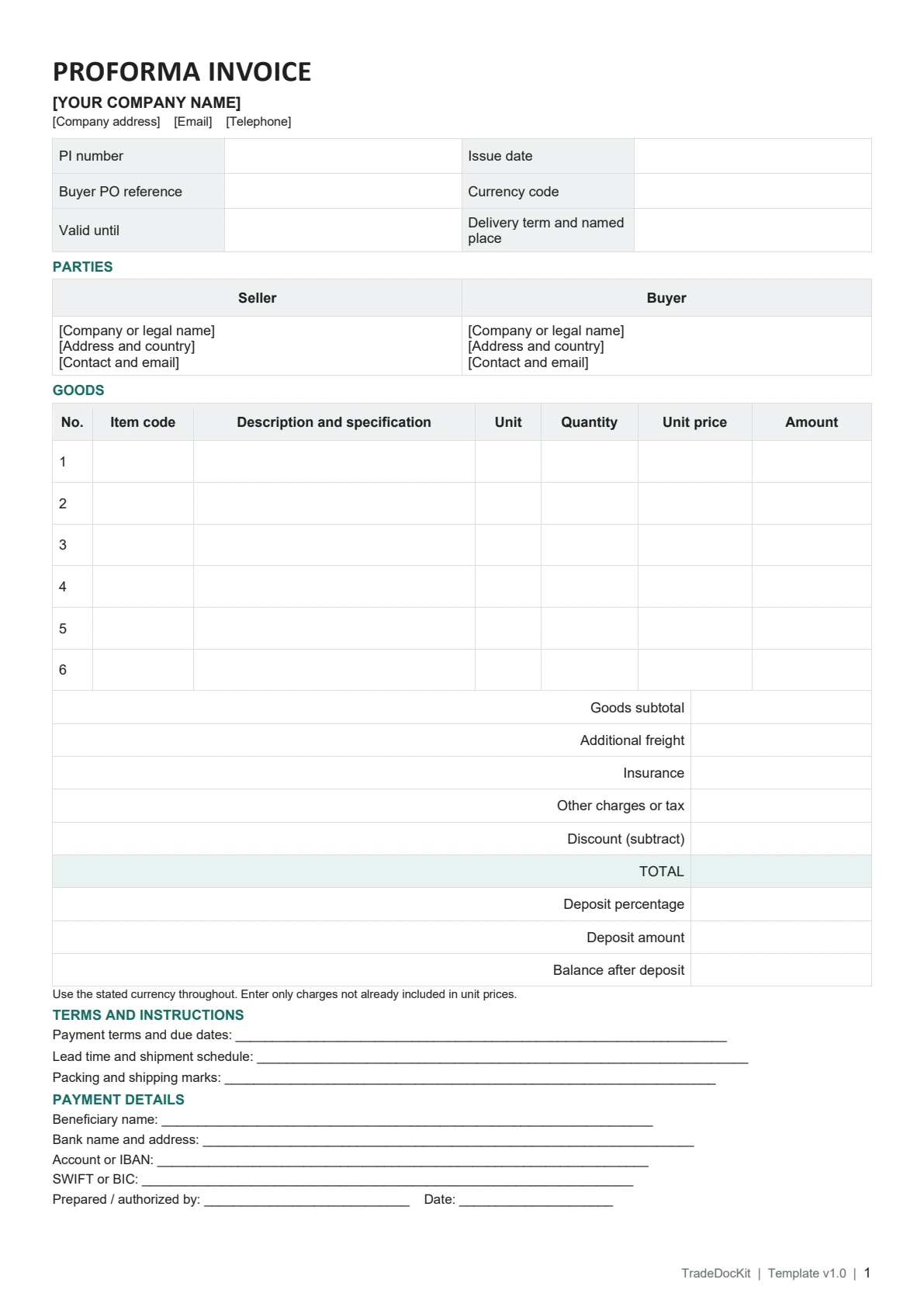 Proforma Invoice blank Word template, page 1