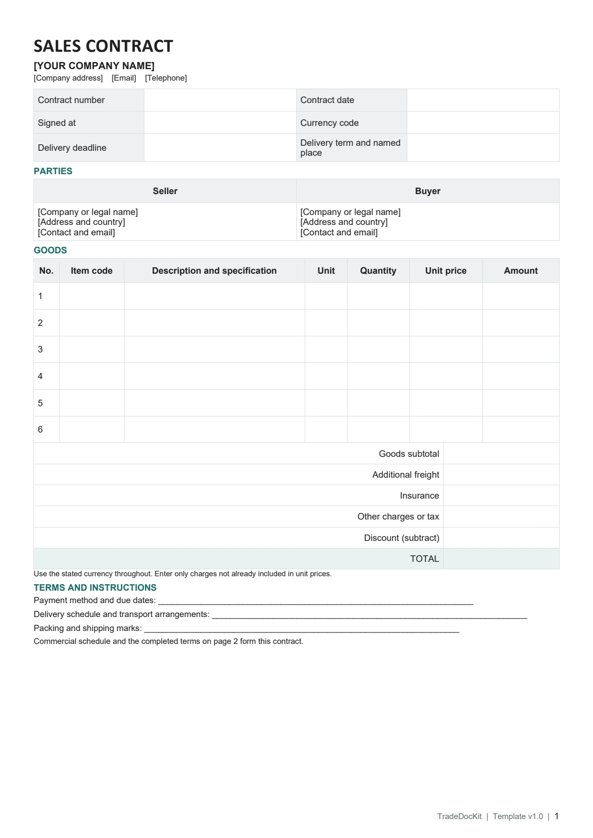 Sales Contract blank Word template, page 1